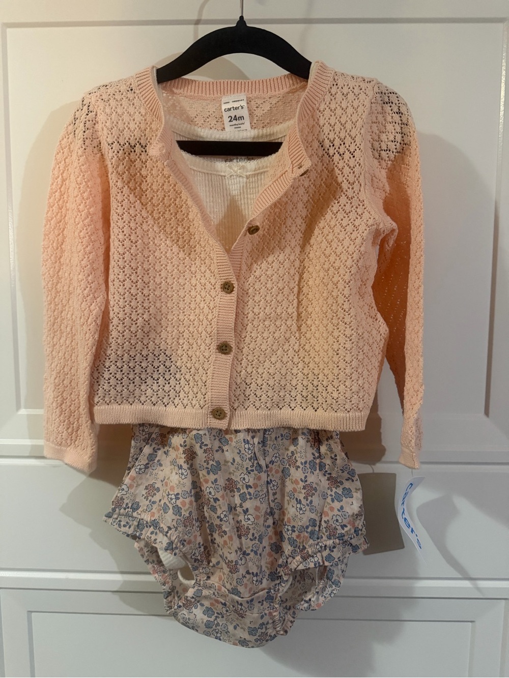 Carters girls set included pink cardigan, floral bloomers & cream Onsie